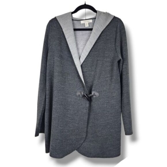 Ellen Tracy Hooded Cardigan Merino Wool Blend Sweater Toggle Charcoal Grey Sz M - Picture 1 of 16